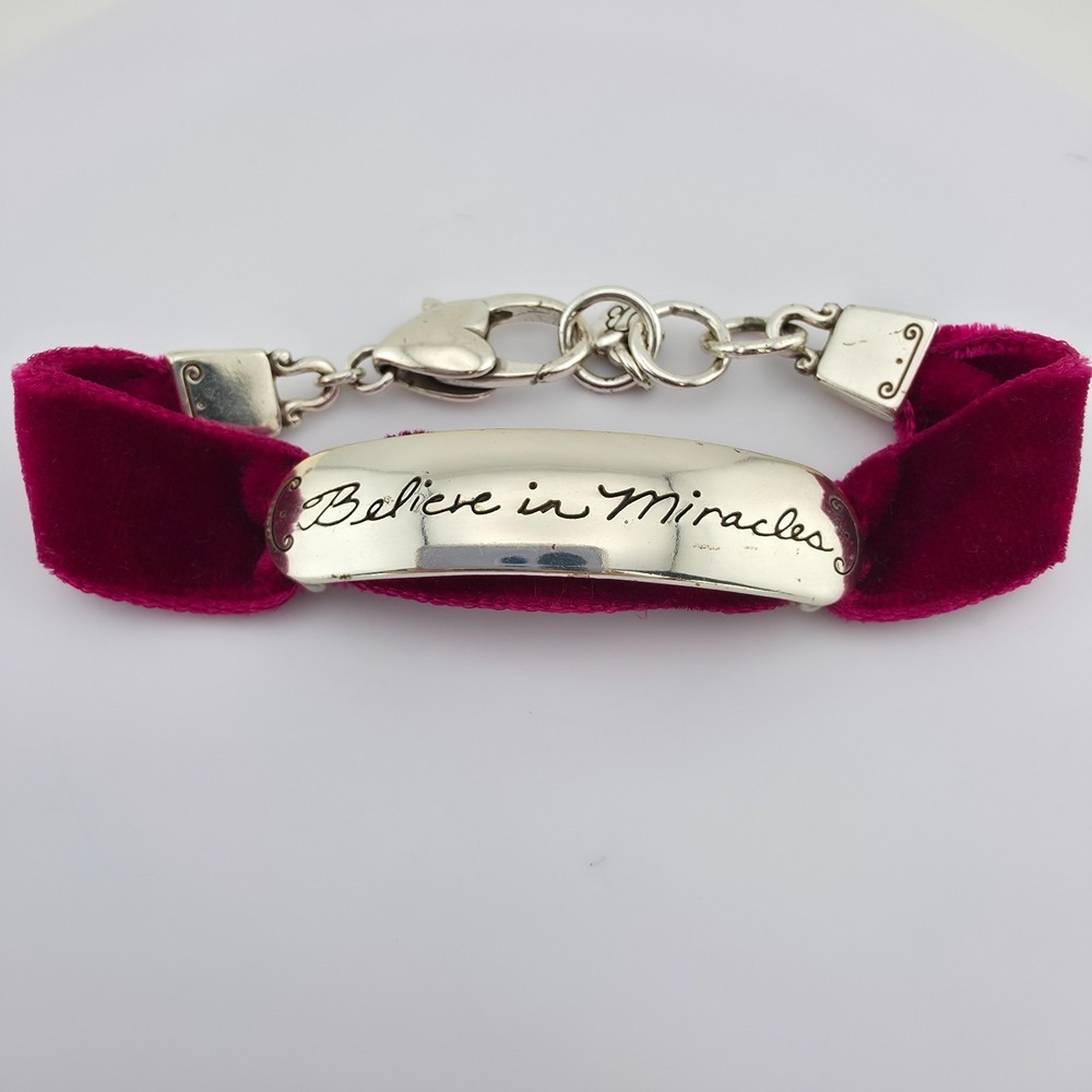 BRIGHTON 'Believe in Miracles' ID Bracelet Velvet Band Etched Silver Plate 7"
